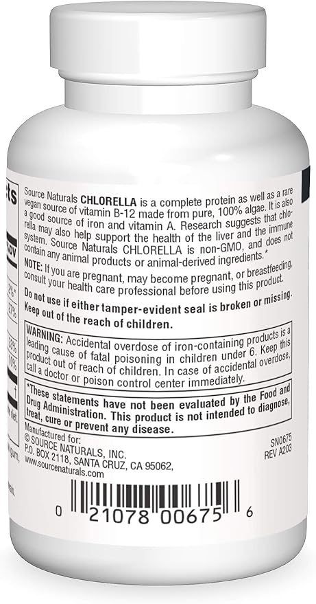 Source Naturals Chlorella 500 mg Green Superfood, Plant-Based B12-100 Tablets