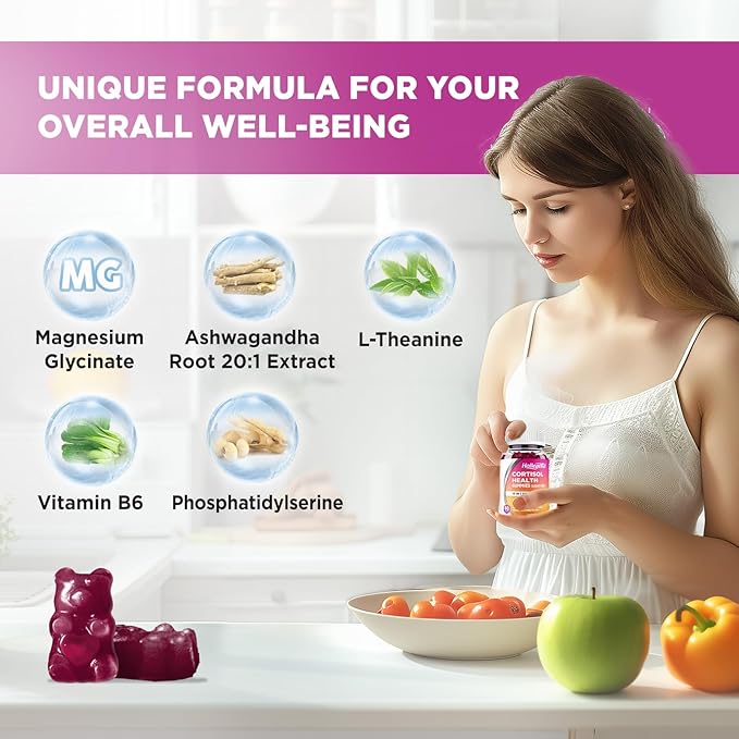 Cortisol Supplements for Women Men, Cortisol Gummies with Ashwagandha, Magnesium, L-Theanine, Phosphatidylserine, B6 for Cortisol Detox, Relaxation, Sleep, Focus, Sugar-Free, Vegan, 120