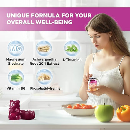 Cortisol Supplements for Women Men, Cortisol Gummies with Ashwagandha, Magnesium, L-Theanine, Phosphatidylserine, B6 for Cortisol Detox, Relaxation, Sleep, Focus, Sugar-Free, Vegan, 60