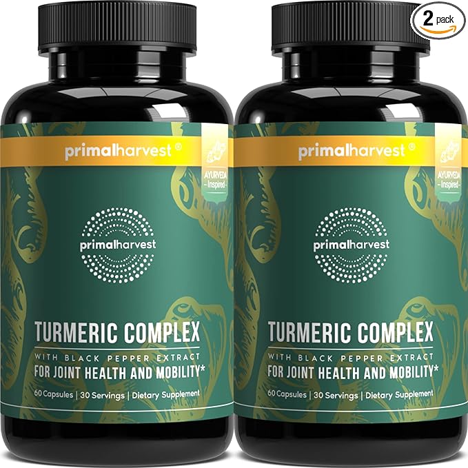 Primal Harvest 2 Pack, Primal Turmeric Complex w/Black Pepper Extract, Joint and Mobility Support Supplement for Women & Men, 120 Capsules
