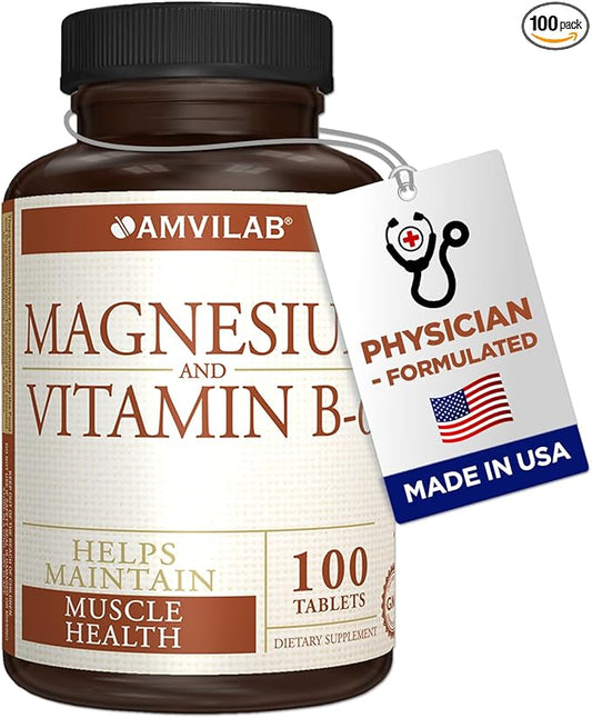 Magnesium & Vitamin B6 - Helps Maintain Muscle Health - Supports Brain Health & Nerve Function - Helps Daily Vitality & Sleep Quality - Recovery Boost - Dietary Supplement - 100 Tablets