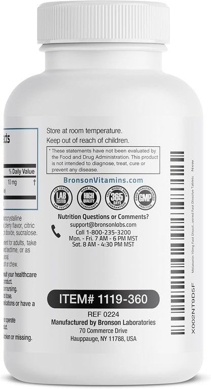 Bronson Melatonin 10mg Fast Dissolve Cherry Flavored Tablets Vegetarian Chewable Lozenges, 360 Count