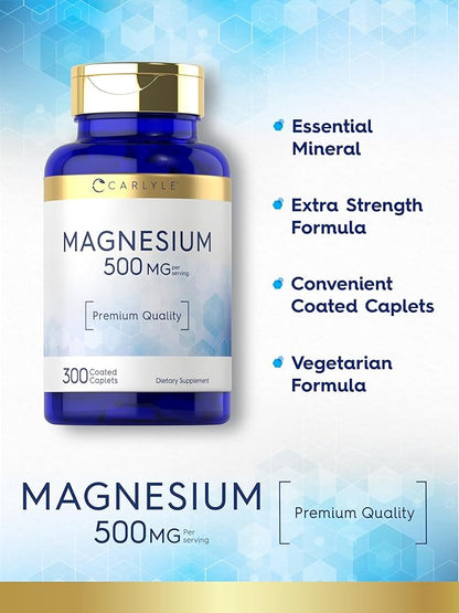 Carlyle Magnesium 500mg | 300 Coated Caplets | Vegetarian, Non-GMO, and Gluten Free Supplement