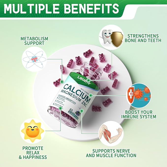 Calcium Magnesium Zinc Gummies with Vitamin D3 & K2 - High Potency Enhanced Absorption -60 Blueberry Gummies Flavored
