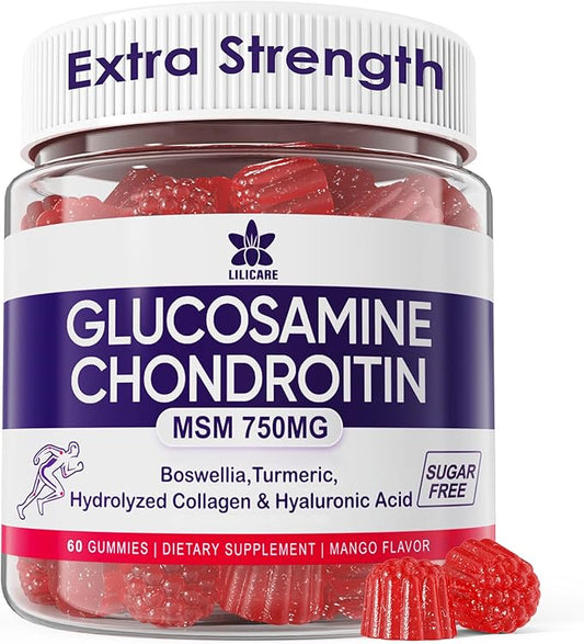 Glucosamine Chondroitin Gummies, Sugar Free Glucosamine Chondroitin MSM Supplement, Extra Strength with Boswellia Turmeric, Hydrolyzed Collagen & Hyaluronic Acid, Bone Health for Men & Women, 60 Cts
