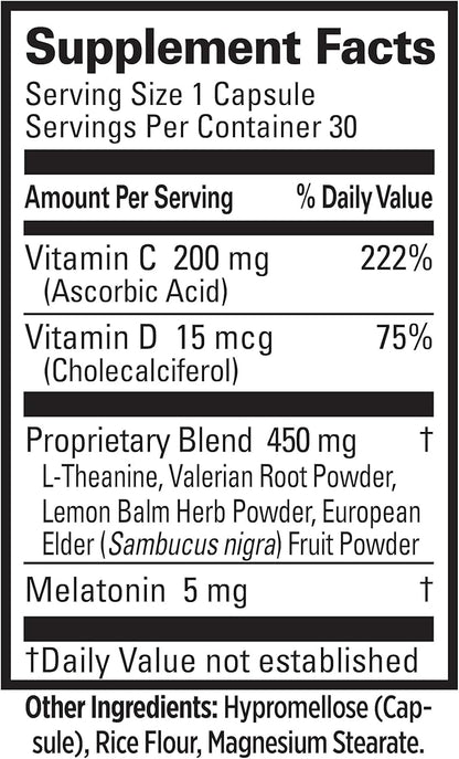 Quantum Health Sleep Immune Melatonin 5mg Support Supplement L Theanine Valerian Root + Elderberry Vitamin C & D Immunity Boost Daily Whole Body Wellness for Women & Men - 30 Capsules