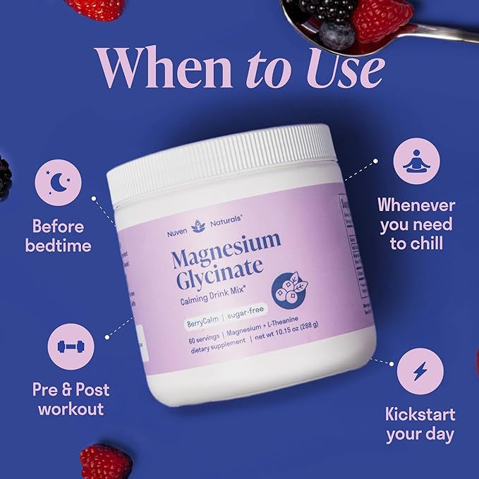 Magnesium Glycinate Powder + L-Theanine | 60 Servings | 300 mg per Scoop High Absorption Chelated Magnesium Powder for Sleep - Natural Mixed Berry Flavor, No Sugar, Support Restful Sleep & Relaxation