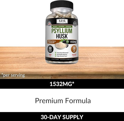 Kaya Naturals Psyllium Husk Capsules - 60 Count | High Fiber Supplement | Digestive Health & Regularity | Gluten-Free, Non-GMO
