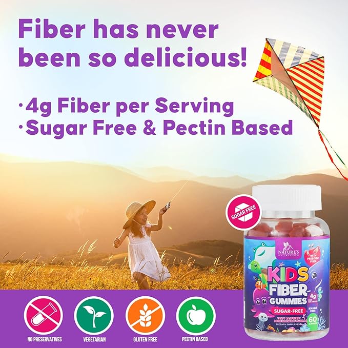 Kids Fiber Gummies – Sugar-Free Prebiotic Fiber Supplement Supports Digestion, Regularity, & Immune Health – 4g Plant-Based Fiber, Raspberry Flavor – Vegan, Gluten-Free Gummy Bears – 60 Gummies