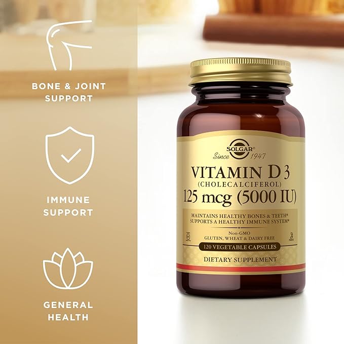 SOLGAR Vitamin D3 (Cholecalciferol) 125 mcg (5000 IU) - 120 Vegetable Capsules - Non-GMO, Gluten Free, Dairy Free, Kosher - 120 Servings