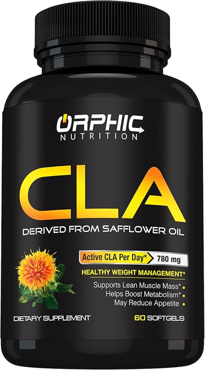 ORPHIC NUTRITION CLA Safflower Oil Supplement - Made with Safflower Oil - 780mg Non-Stimulant Conjugated Linoleic Acid for Men & Women* to Support Weight Loss Efforts and Metabolism* - 60 Softgels