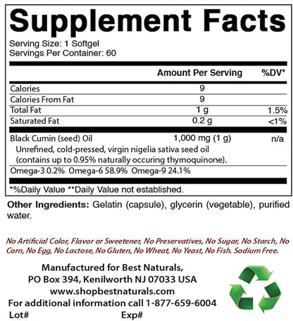Best Naturals 2 Packs Black Seed Oil Capsules 1000 mg (Non-GMO) Nigella Sativa - 100% Cold Pressed Black Cumin Seed Oil Pills Contains Thymoquinonoe 60 Count (Total 120 Softgels)
