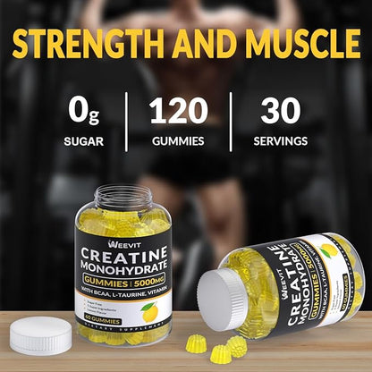 Creatine Monohydrate Gummies for Men, Chewables Creatine Monohydrate for Muscle Strength Energy Boost, Pre-Workout Supplement with BCAA, L-Taurine, B12