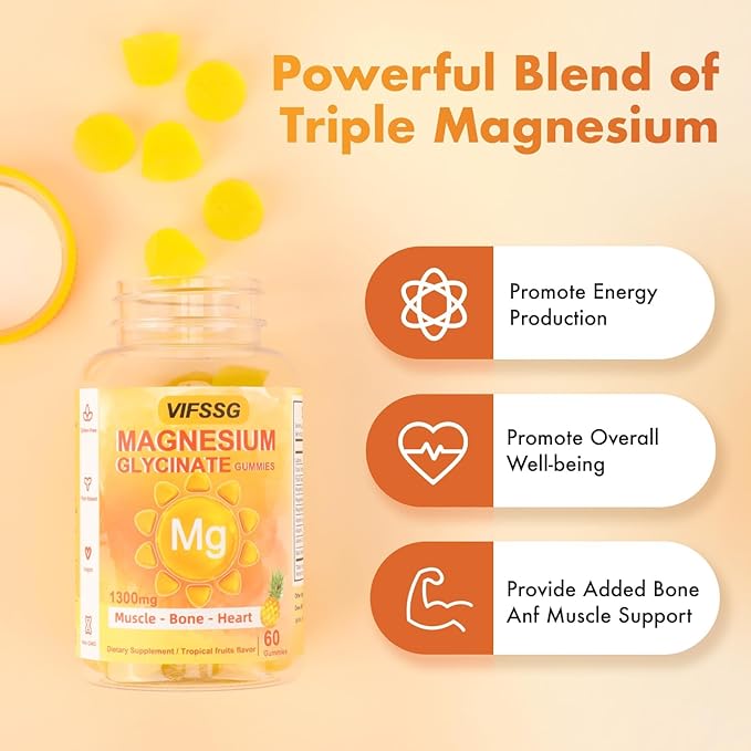 Magnesium Glycinate Gummies 500 Mg, Triple Magnesium Complex Sugar-Free Gummies with Malate 400 Mg, Citrate 400 Mg, Magnesium Supplement Chewable for Women & Men Vegan, Organic 60 Count