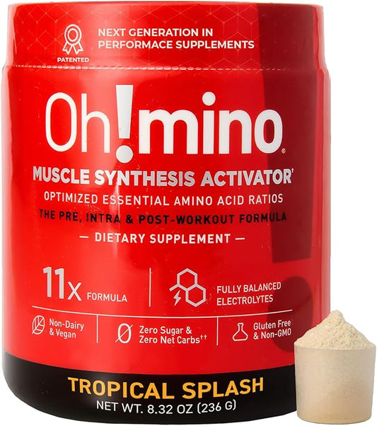 Oh!mino Amino Acids for Muscle Gain - BCAAs Amino Acids Powder Supplement for Pre & Post Workout - Caffeinated, Non Dairy, Vegan, Zero Sugar & Net Carbs - 40 Servings (Tropical Splash)