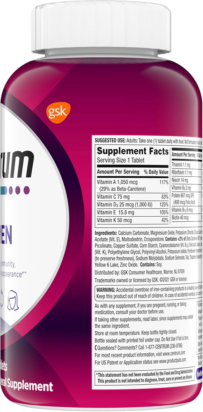 Centrum Multivitamin Tablet for Women, Multivitamin/Multimineral Supplement with Iron, Vitamin D3, B Vitamins and Antioxidant Vitamins C and E, Gluten Free, Non-GMO Ingredients - 200 Count