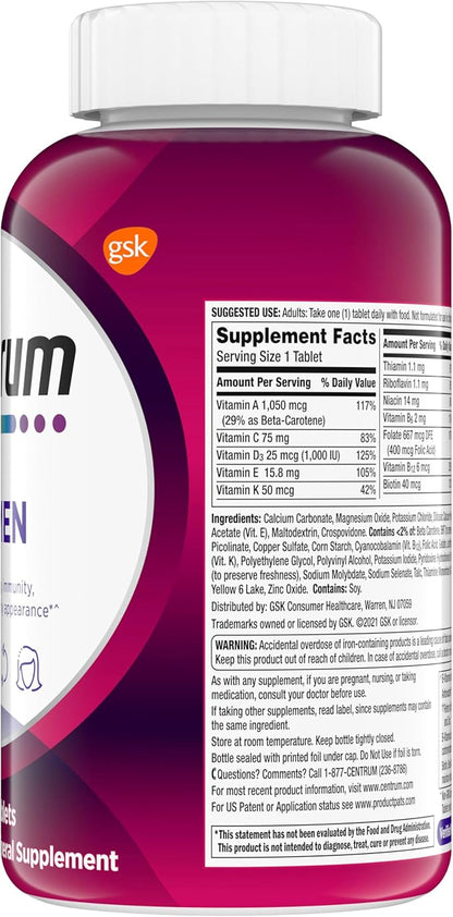 Centrum Multivitamin Tablet for Women, Multivitamin/Multimineral Supplement with Iron, Vitamin D3, B Vitamins and Antioxidant Vitamins C and E, Gluten Free, Non-GMO Ingredients - 200 Count