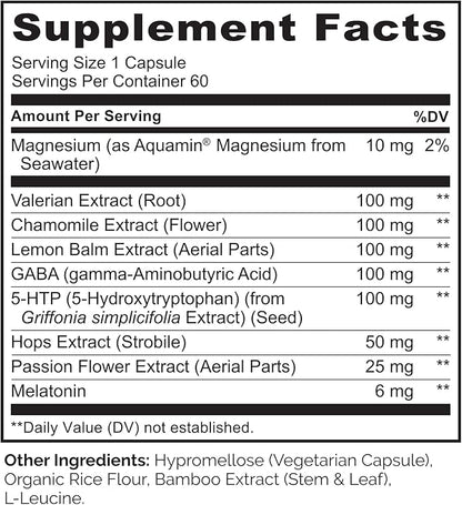 NATURELO Sleep Aid - with Melatonin, Magnesium, GABA, Valerian Root, Lemon Balm, Chamomile Herbal Extracts - Plant-Based Sleeping Aid - 60 Vegan Capsules