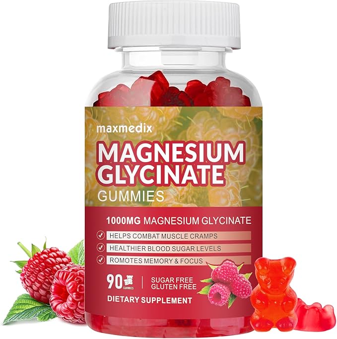 Magnesium Gummies 1000mg -Magnesium Glycinate Supplement and Magnesium L-Threonate Gummy,Sugar Free Magnesium Potassium Supplement for Calm Mood, Muscle, Bone & Sleep Support 90 Raspberry Gummies