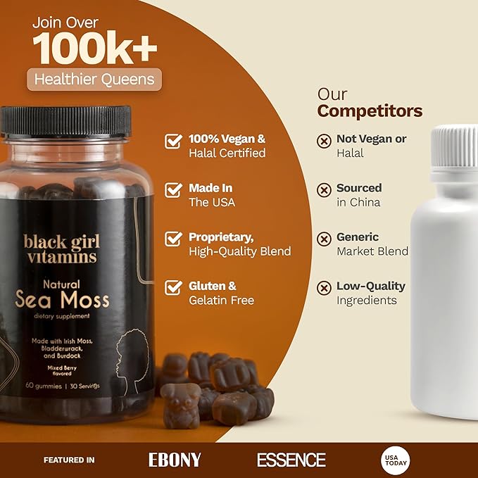 Black Girl Vitamins | Sea Moss Gummies - Irish SeaMoss with Bladderwrack & Burdock - 60 Count