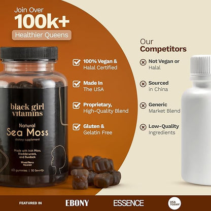 Black Girl Vitamins | Sea Moss Gummies - Irish SeaMoss with Bladderwrack & Burdock - 60 Count
