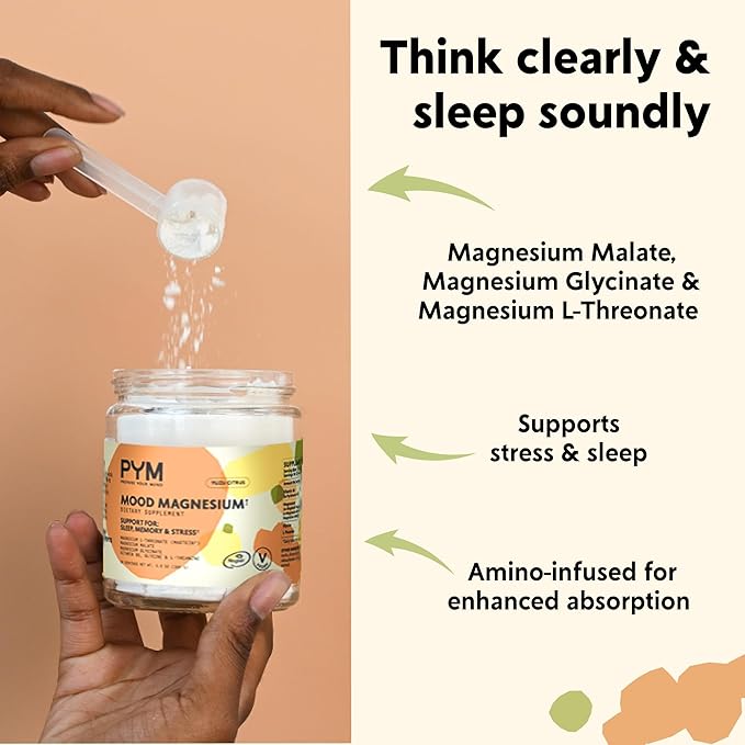 PYM Mood Magnesium Powder (30-Servings) Magnesium Glycinate, L-Threonate & Malate Powder | Aid & Mood Support Supplement for Stress