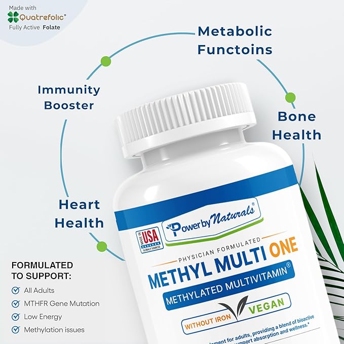 Power By Naturals Methyl Multi One - Iron-Free Methylated Multivitamin with Quatrefolic 5-MTHF, Active B12, P5P, CoQ10 & Zinc for MTHFR Support - Energy & Focus Formula - 60 Capsules (2-Month Supply)