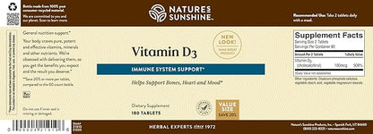 Nature's Sunshine Vitamin D3, 180 Tablets | Supports Bone Health, Contributes to Overall Health, and May Improve Mood