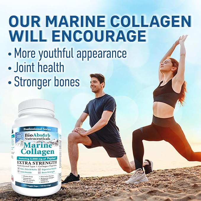 Bio Absorb Marine Collagen Capsules, Mercury Free, No Fish Aftertaste, 67-Day Supply of Hydrolyzed Marine Collagen Powder, Type 1 Marine Collagen Peptides (270 Pills of Fish Collagen Powder)