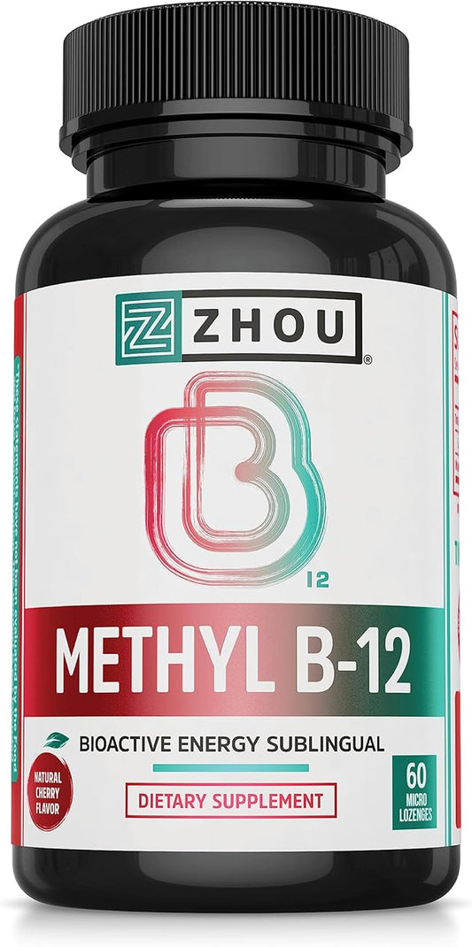 Zhou Methyl B12 - Methyl B-12 Supplement for Women & Men, Vitamin B12 5000 mcg, Vegan Friendly, Cellular Energy and Nerve Function Support, Methylcobalamin - 60 Micro Lozenges