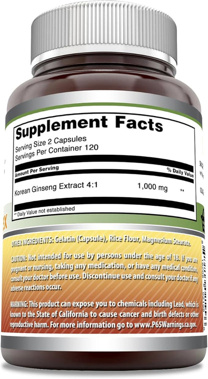 Amazing Formulas Ginseng Complex 1000mg of 4:1 Korean Ginseng Extract, Capsules Supplement | Non-GMO | Gluten Free | Made in USA (240 Count)
