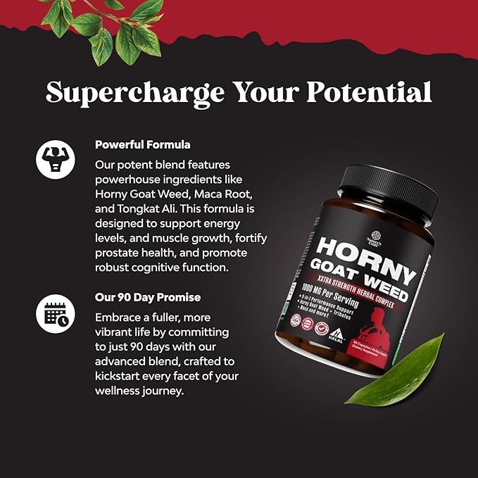 Natures Craft Horny Goat Weed for Men Enhancement - Extra Strength Male Enhancing Supplement with Black Maca Root, Tongkat Ali, Saw Palmetto & Panax Ginseng Extract for Stamina & Energy - 90 Capsules
