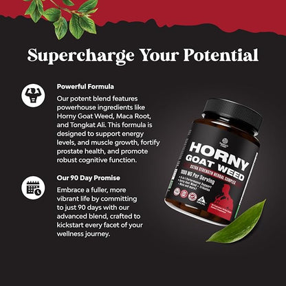 Natures Craft Horny Goat Weed for Men Enhancement - Extra Strength Male Enhancing Supplement with Black Maca Root, Tongkat Ali, Saw Palmetto & Panax Ginseng Extract for Stamina & Energy - 90 Capsules