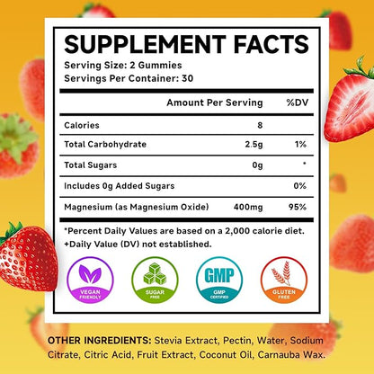 Magnesium Oxide Gummies 400mg, Chewable Magnesium Oxide Supplement for Adults & Kids, Nerve & Muscle Support, Non-GMO, Sugar-Free, Strawberry Flavor, 60 Count