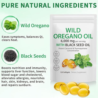 Oil of Oregano Softgels, 120 Count Oregano Oil Capsules, 165mg Carvacrol, 2 in 1 6000mg Oil of Oregano with Black Seed Oil 200mg, Oregano Oil Supplement Capsules