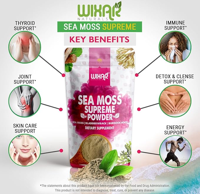 Wixar Wildcrafted Sea Moss Powder – (8 Ounces) – Natural Irish Sea Moss and Bladderwrack with Burdock Powder - Thyroid Support, Healthy Skin, Keto Detox, Joint Support Alkaline Supplements