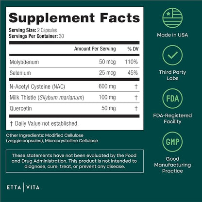 Vegan Liver Detox & Cleanse - NAC Supplement N-Acetyl Cysteine 600mg with Quercetin, Milk Thistle, Molybdenum & Selenium, N-Acetyl-Cysteine Capsules for Immune Support, Respiratory & Brain Health