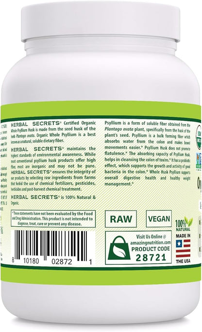 Herbal Secrets Organic Whole Psyllium Husk 16 oz Powder Supplement | 5 Grams Per Serving | 90 Servings | Non-GMO | Gluten Free | Made in USA | USDA Certified