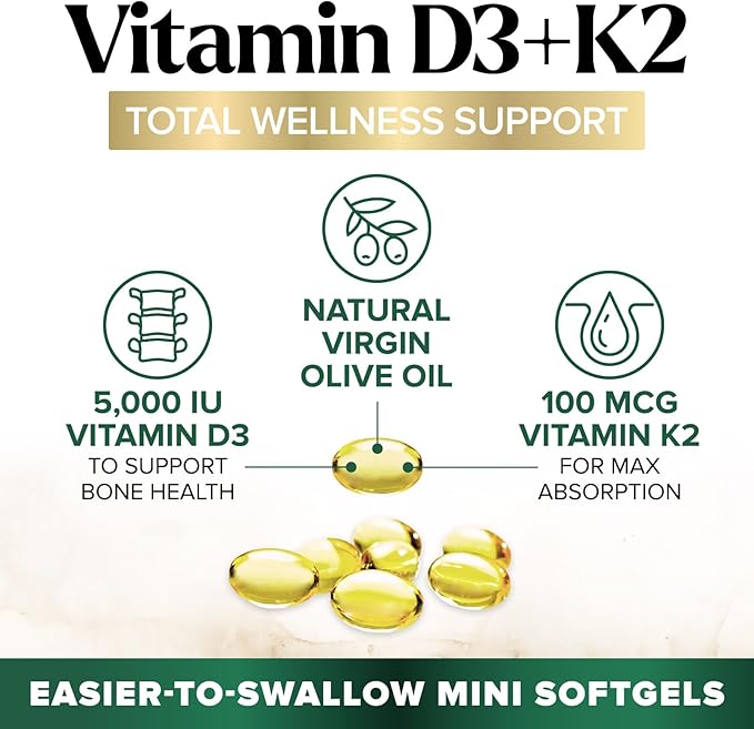 Vitamin D3 K2 Supplement | 5000 IU Vitamin D3 & 100 mcg Vitamin K2, 2 in 1 Vitamin D with K2 Complex Softgels, Support Immune, Heart, Joint, Teeth & Bone Health, Easy to Swallow, Non-GMO, 120 Softgels
