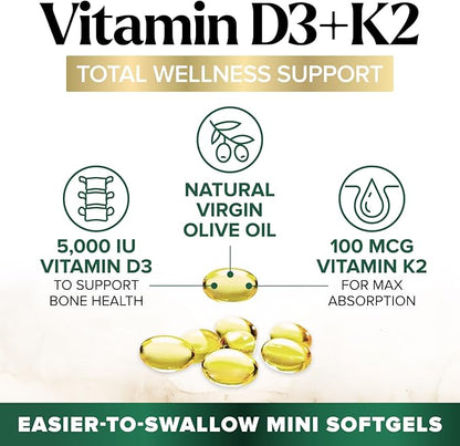 Vitamin D3 K2 Supplement | 5000 IU Vitamin D3 & 100 mcg Vitamin K2, 2 in 1 Vitamin D with K2 Complex Softgels, Support Immune, Heart, Joint, Teeth & Bone Health, Easy to Swallow, Non-GMO, 120 Softgels