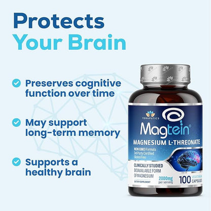Magnesium L Threonate, Magtein™, Brain Supplement for Memory, Focus, Sleep and Cognitive Support, High Absorption Magnesium L-Threonate, Non-GMO, No Laxative Effect – 2000 mg, 100 Vegan Capsules