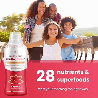 Liquid Multivitamin for Women, Men & Kids | Sugar Free Liquid Vitamins | Vitamin A, B, C, D, E, K, Biotin, Zinc, Magnesium | Energy, Beauty, Immune Support Supplement | Vegan, Natural Raspberry