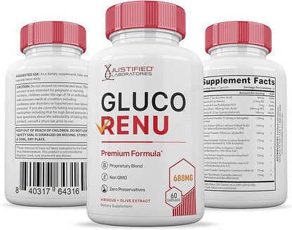 (5 Pack) Gluco Renu 688MG Glyco Support Pills Premium Formula Gluo Renew Glycogen Support Formulated Hawthrone Hibiscus Garlic Junpier Powder Olive Green Tea Extract 300 Capsules