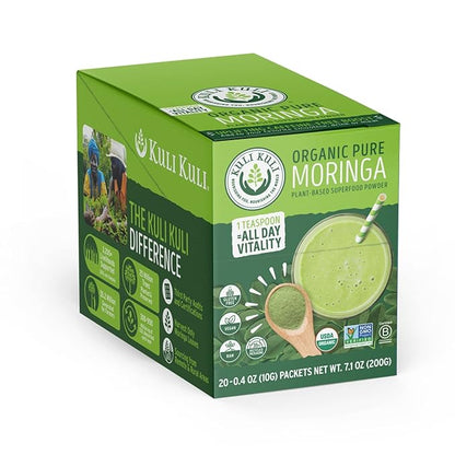 Kuli Kuli Moringa Oleifera Organic Leaf Powder & Green Smoothie, 100% Pure USDA Certified & Non-GMO Moringa Powder, Great with Smoothies, Tea, and Food, 0.4 Ounce, Pack of 20 (KK_PM)