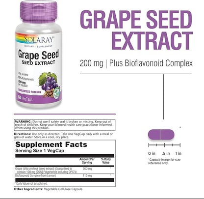 SOLARAY Grape Seed Extract 200 mg Plus Bioflavonoid Complex | Healthy Cardiovascular & Blood Vessel Support | 60 VegCaps