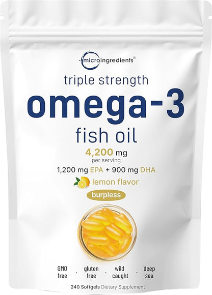 Micro Ingredients Triple Strength Omega 3 Fish Oil Supplements –Lemon Flavored – Burpless (Enteric-Coated) | Deep Sea Fish, Wild Caught from Norwegian Waters
