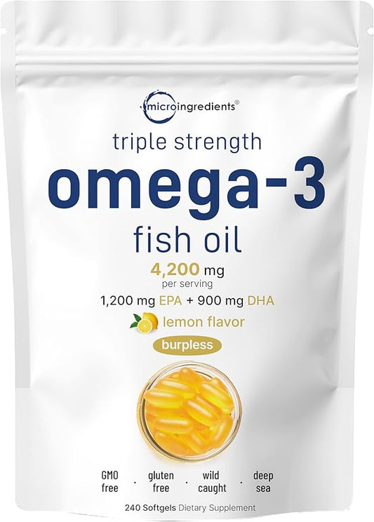 Micro Ingredients Triple Strength Omega 3 Fish Oil Supplements –Lemon Flavored – Burpless (Enteric-Coated) | Deep Sea Fish, Wild Caught from Norwegian Waters