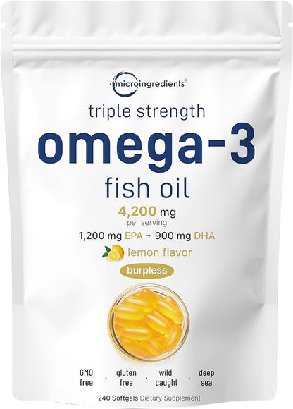 Triple Strength Omega 3 Fish Oil Supplements 4200mg Per Serving & Cod Liver Oil 2,000mg Per Serving, 360 Softgels | Lemon Flavored – Burpless – Wild Caught – Arctic Deep Sea Fish