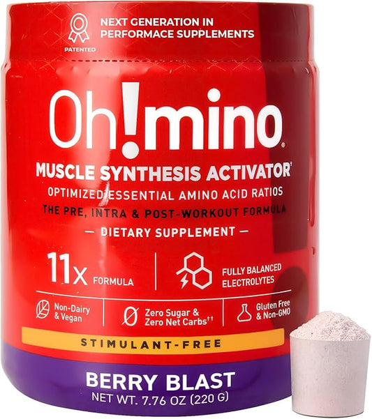 Ohmino Essential Amino Acids for Muscle Gain - BCAAs and EAA Amino acids Powder Supplement, Pre & Post Workout - Non Caffeine, Non Dairy, Vegan, Zero Sugar & Net Carbs - 40 Servings (Berry Blast)