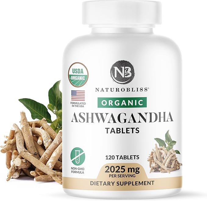 NaturoBliss Ashwagandha Supplements, 2025mg, 120 Tablets, Herbal Dietary Supplement, Vegetarian, Non-GMO, Gluten Free, with Black Pepper